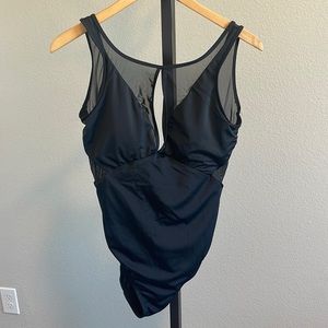 Womens Black Mesh Open Back Swim Suit